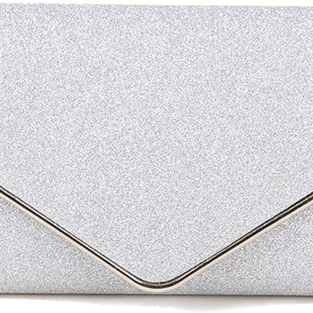 𝅺CLUTCH Sparkling Envelope Silver Textured Handbag Shoulder Chain NIB - Picture 11 of 14